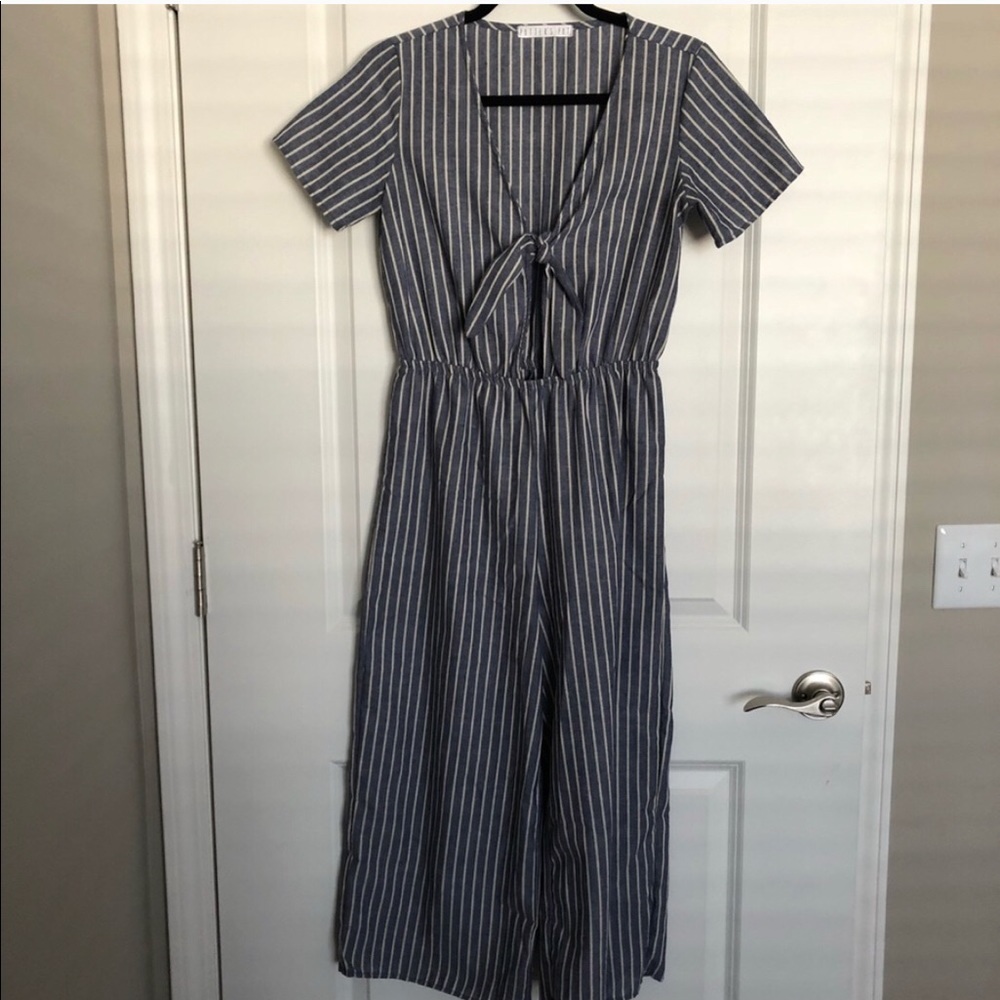 Blue white striped linen jumpsuit size S